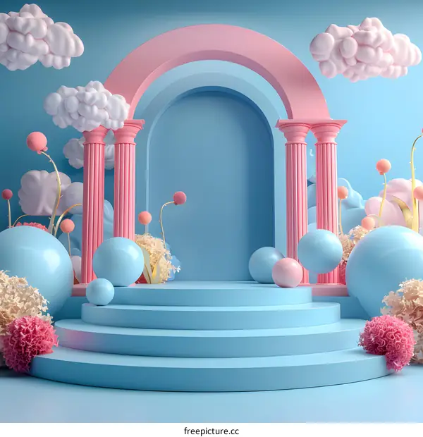 Pink archway and blue stepped geometric shapes