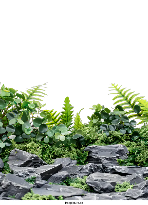 [Transparent Background PNG]Green Plants and Rocks on a White Background