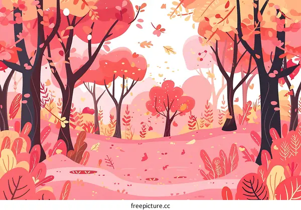 Autumn Forest Illustration with Pink and Red Trees