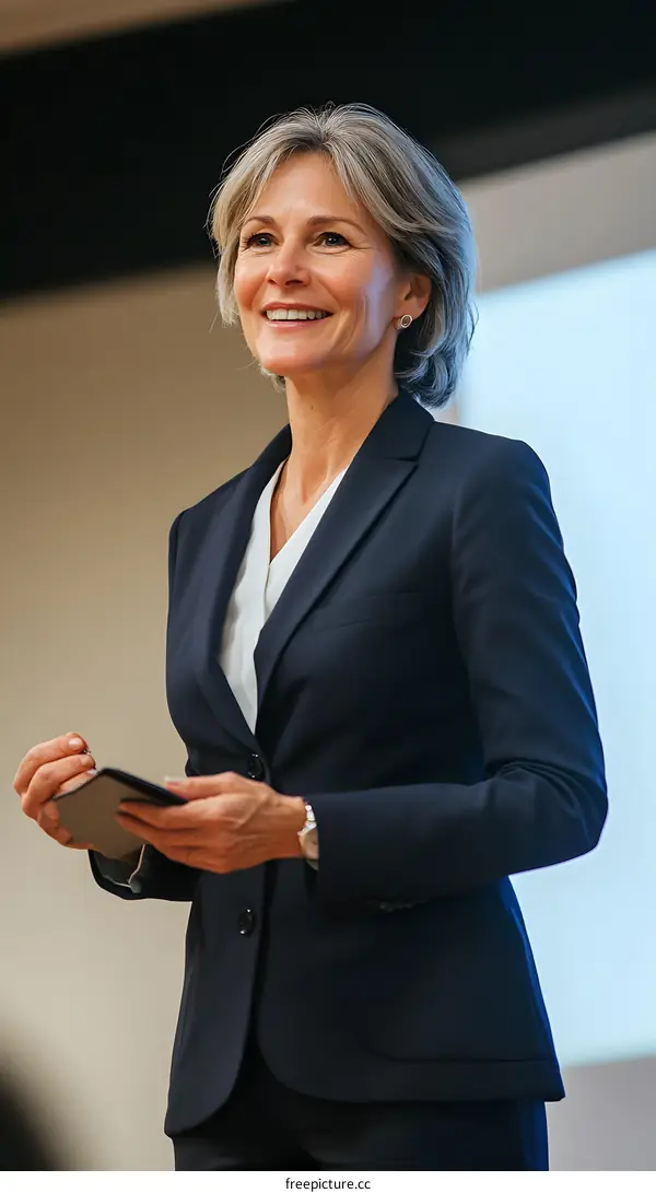 Smiling Business Woman in a Suit Giving a Presentation