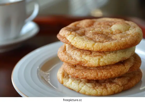 A stack of four snickerdoodle cookies on a white plate with a cup of tea in the background