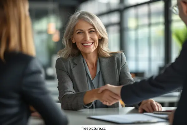 Confident businesswoman shaking hands with client in office