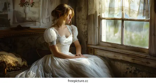portrait of a girl in a white dress sitting by the window