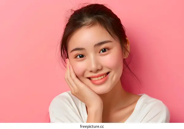 Smiling Asian Woman with White T Shirt On Pink Background