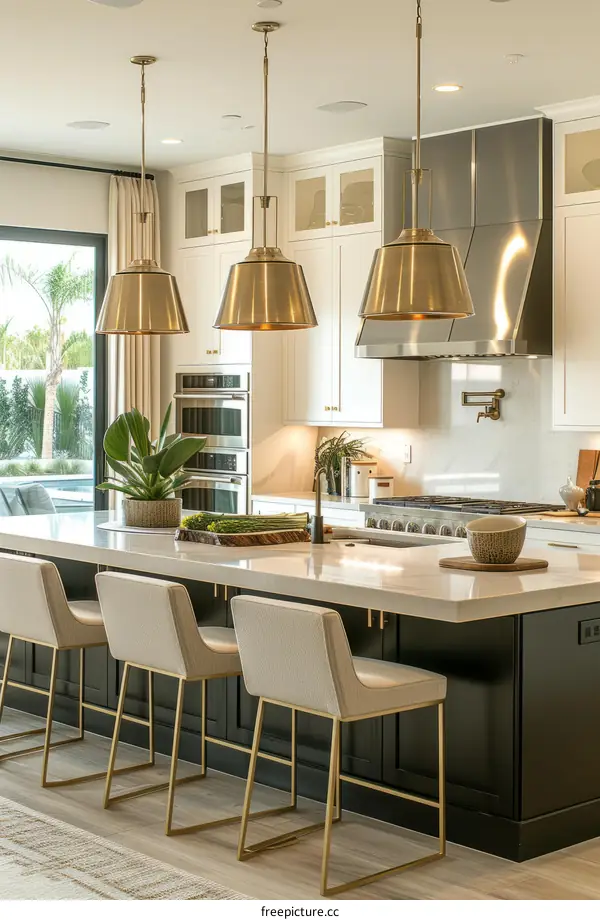 Modern Kitchen with White Cabinets, Stainless Steel Appliances, and Large Island