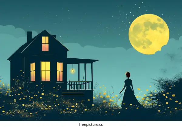 woman walking in a field of flowers at night