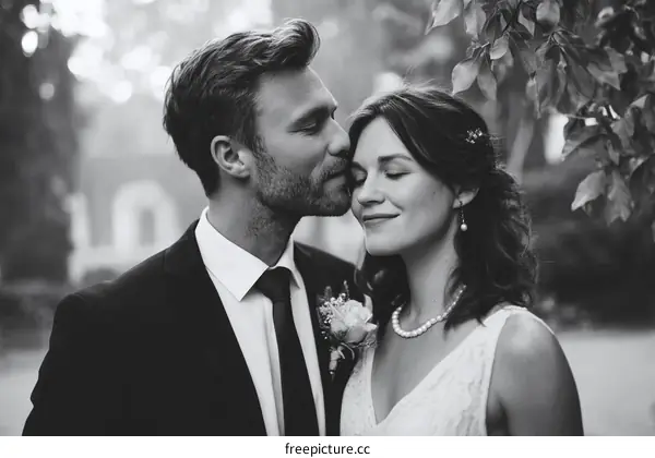 Happy newlyweds embracing in outdoor setting with nature background