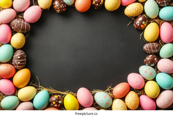 Colorful Easter Eggs Decorated Border on Dark Background