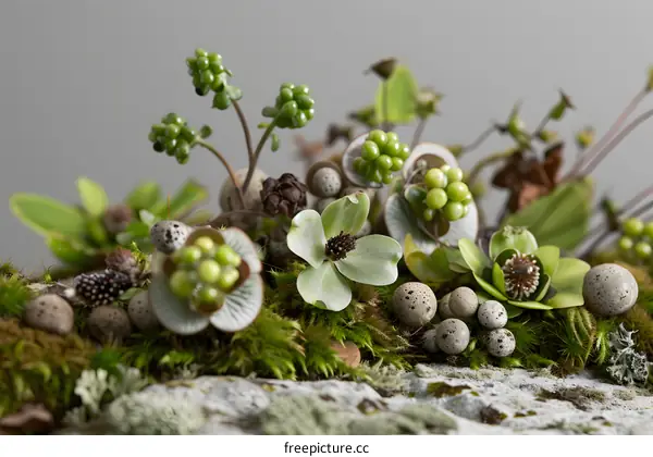 Closeup of Green Flowers and Berries on Moss and Stone