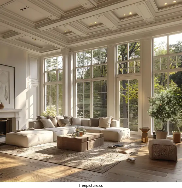 Bright and Airy Living Room With Fireplace and Large Windows