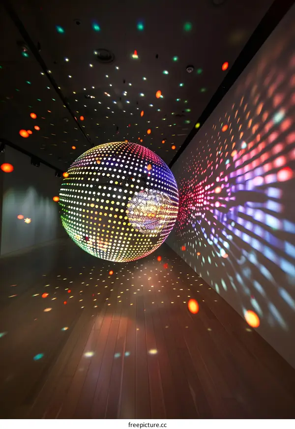 Disco Ball Reflecting Colorful Lights in a Dark Room