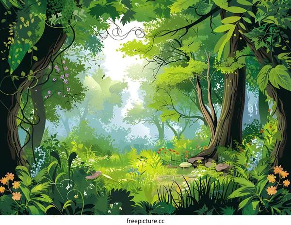 Summer Green Forest Illustration with Tree Trunks