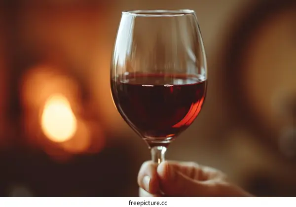 Hand holding a glass of red wine with a fireplace in the background