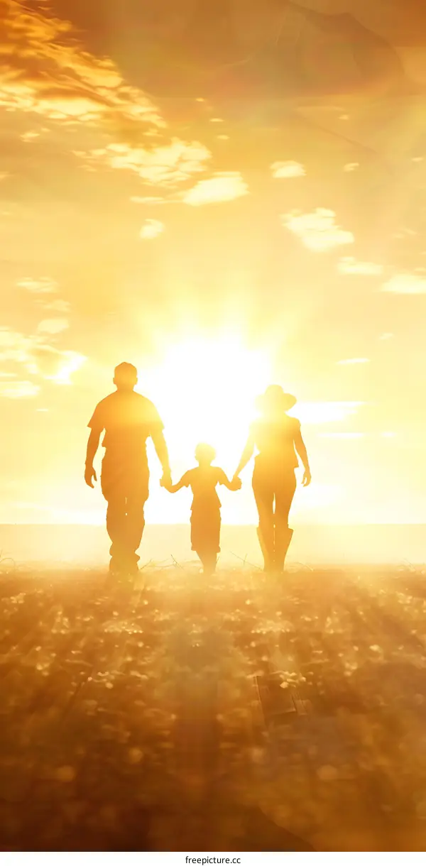 Silhouettes of Family Walking into Sunset