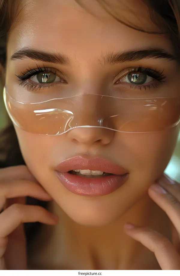 Close-up portrait of a beautiful young woman with green eyes and hydrogel patches under the eyes