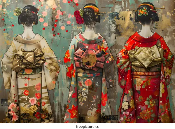 Three Japanese Women in Kimono with Floral Background