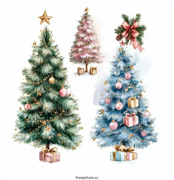 Watercolor Christmas Trees with Gifts and Ornaments