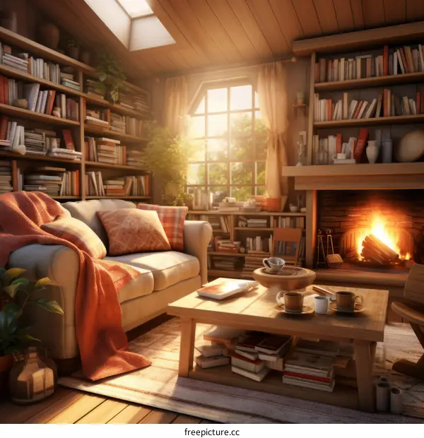 Cozy living room interior with fireplace, sofa and bookshelves