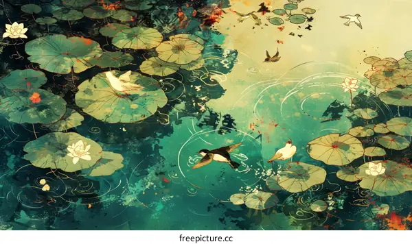 Birds Soaring Above Lotus Pond in Chinese Painting Style