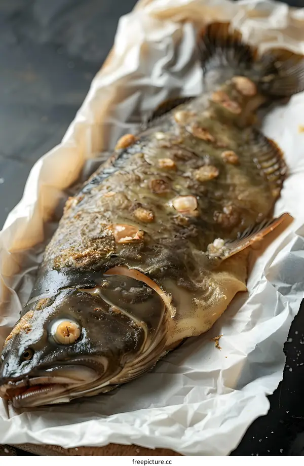 Baked fish on parchment paper