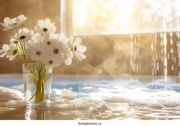 White flowers in a glass vase with spa water and flower petals