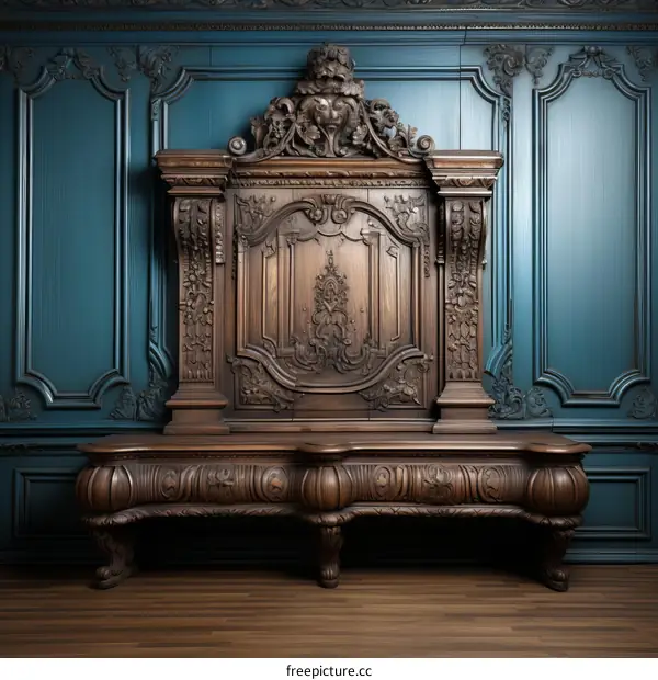 Ornate Wooden Cabinet on Blue Background