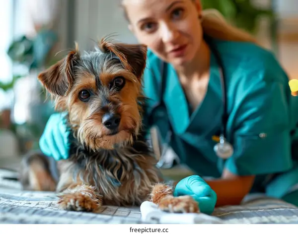 Yorkshire Terrier being examined by a veterinarian