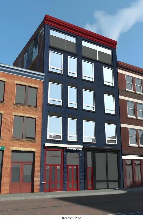 Modern Cityscape with Red and Blue Facade