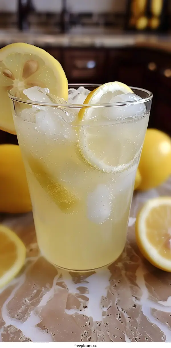 Glass of Lemonade with Lemon Slices and Ice