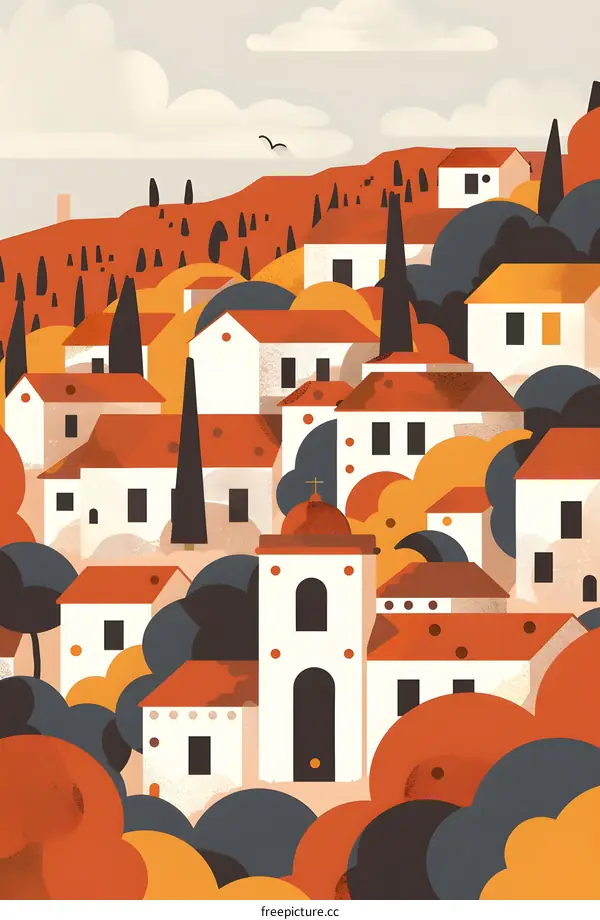 Autumn Village Landscape Illustration With Church