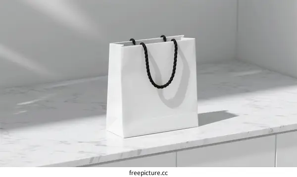 A white paper shopping bag with black rope handle