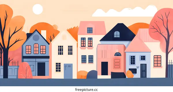 Colorful Illustration of Houses on a Row in Autumn