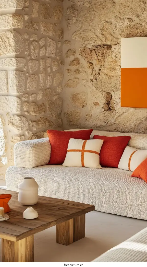 Modern Living Room with Stone Wall and Wooden Furniture