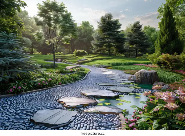 Pebble Path in a Verdant Garden