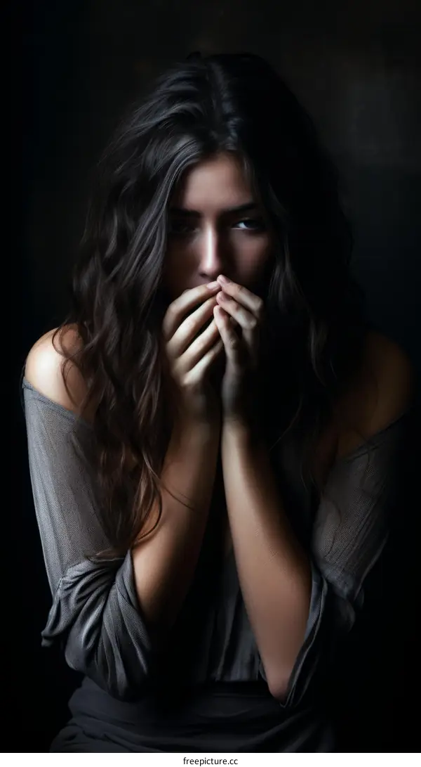 Mysterious Woman with Long Dark Hair Covering Her Mouth