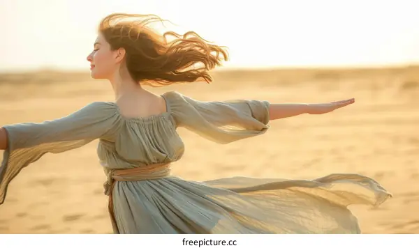 carefree woman dancing happily in the middle of the desert