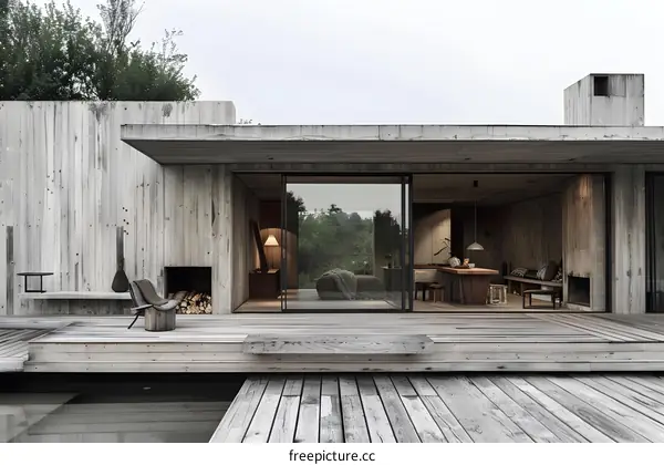 Modern Concrete and Wood House with a Deck and Pool