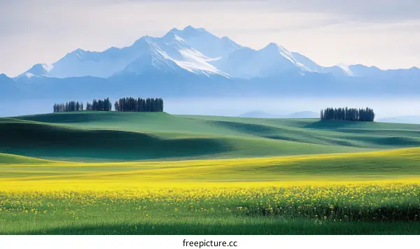 Majestic Mountains Over a Lush Rolling Field of Yellow Flowers