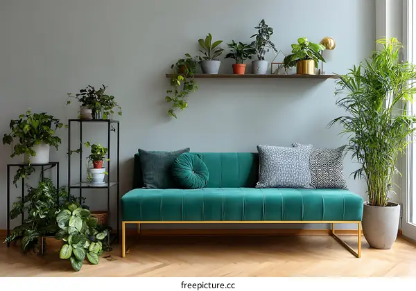 Modern Living Room with Greenery and Teal Sofa