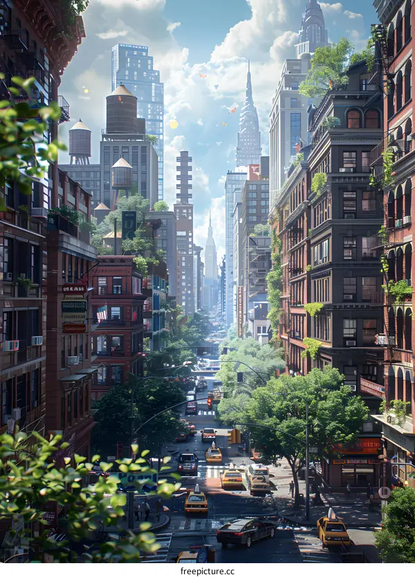 A busy street in a city with lots of greenery