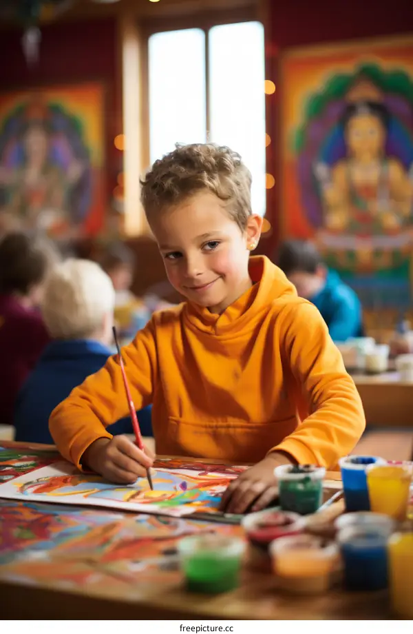 Young boy painting at a table