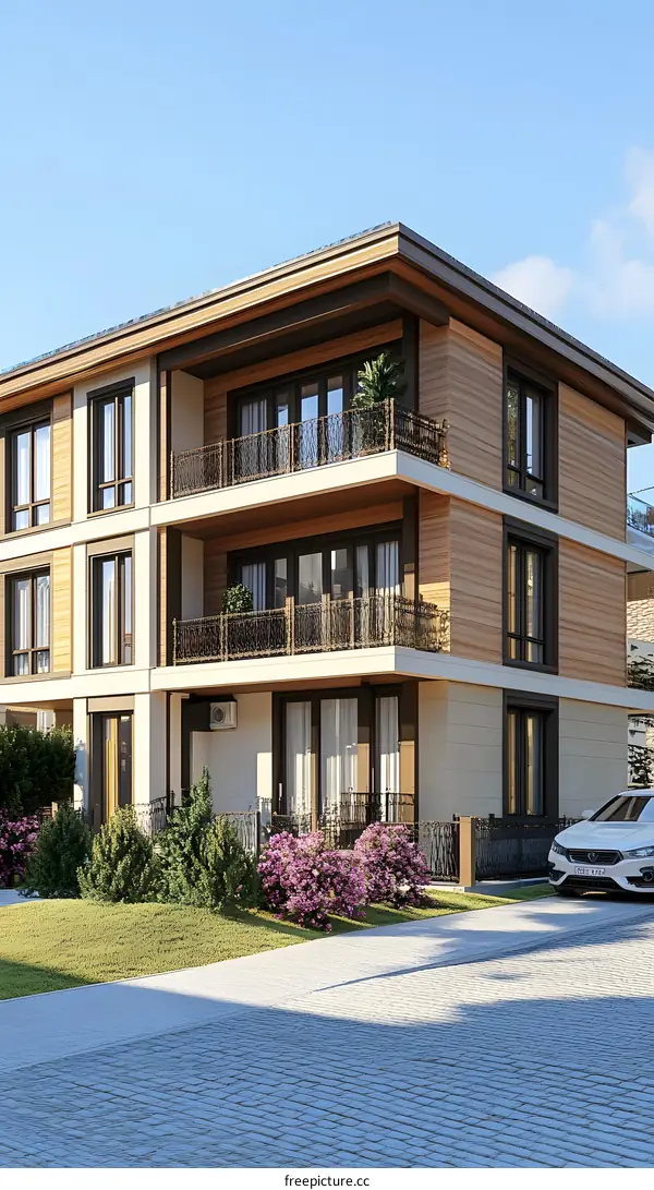 Modern Two Story Home with Balcony and Cobblestone Driveway