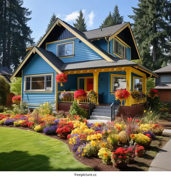 Colorful Flowers Blooming in Front of a Blue House