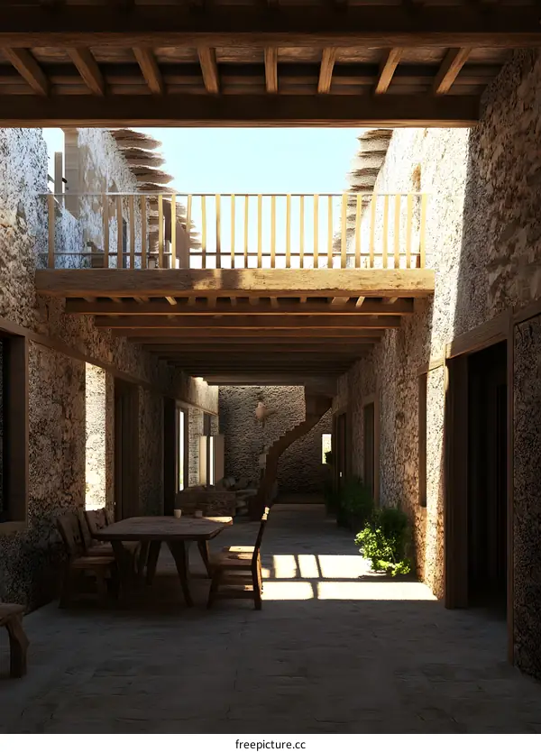 Stone Courtyard with Wooden Balcony