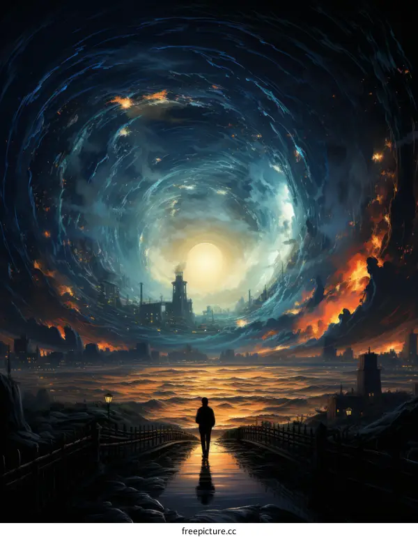 A lone figure stands on a pier looking out at a stormy sea as a giant wave approaches