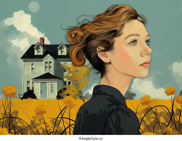 An illustration of a young woman standing in a field of flowers with a house in the background
