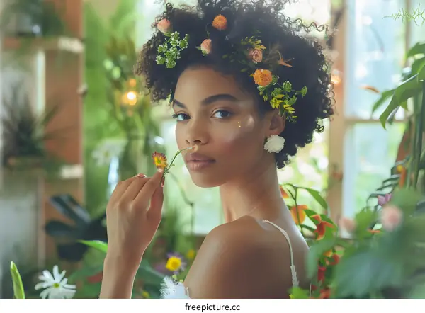 A young woman with flowers in her hair
