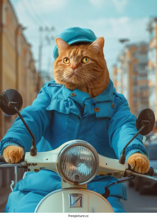 ginger cat wearing blue hat and blue coat riding scooter