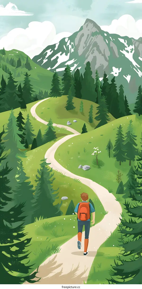 Man Hiking on a Winding Path Through Green Mountains