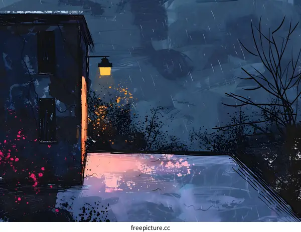 Night Raining Street Lamp Painting Artwork